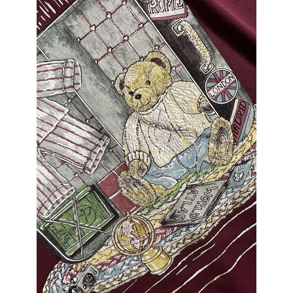 Basic Editions Burgundy Collared Pullover Sweatshirt Bear Graphic Women's L Fall - Picture 3 of 12